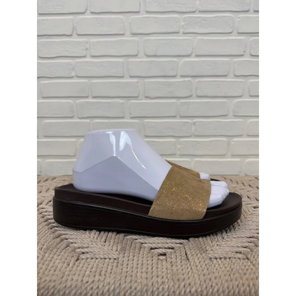 Donald Pliner Metallic Suede Slide Sandals Bronze Platform Size 8, Brown